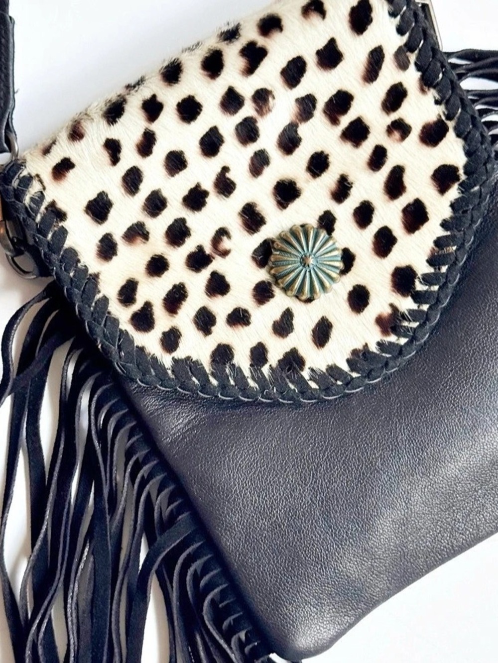 Leopard Print Leather Fringe Crossbody Purse